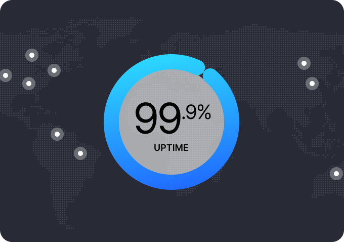 A map of the world with a stat showing 99.99% uptime